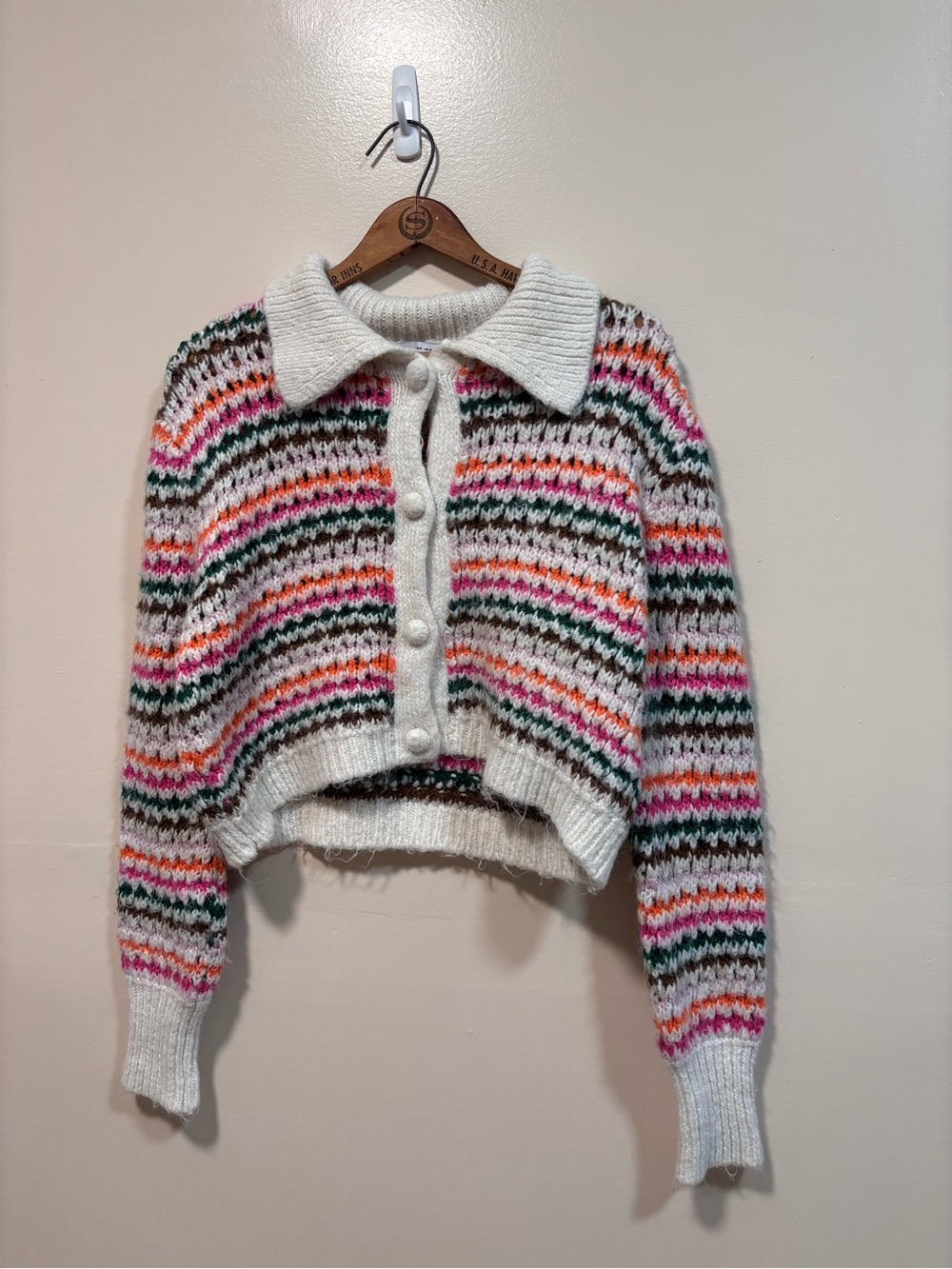 Zara Striped Multicolor Collared Crop Sweater - White Collar S